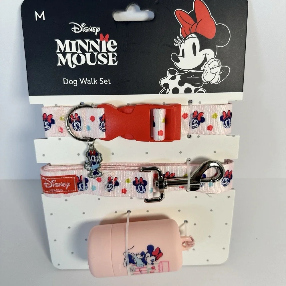 Disney Minnie Mouse Dog Collar Leash Set Pink Waste Bag Holder NWT